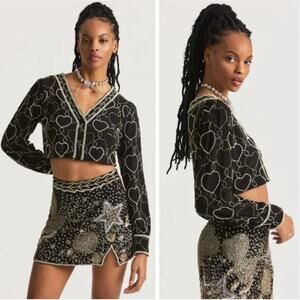 LOVESHACKFANCY LSF Norima Crop Black Beaded Heart Cardigan Sweater Women's Large